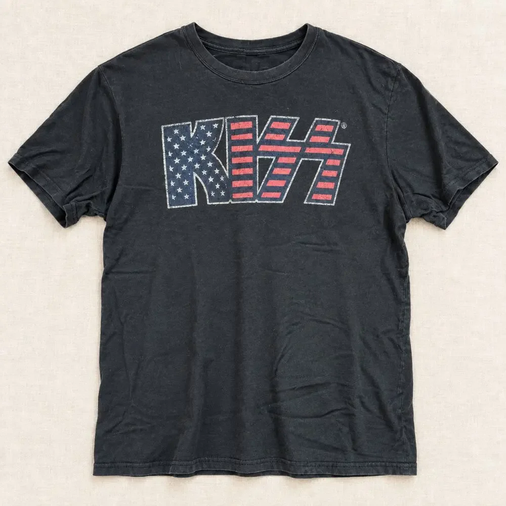KISS Band Logo American Flag Graphic T Shirt Rock Concert Tee Black 2XL